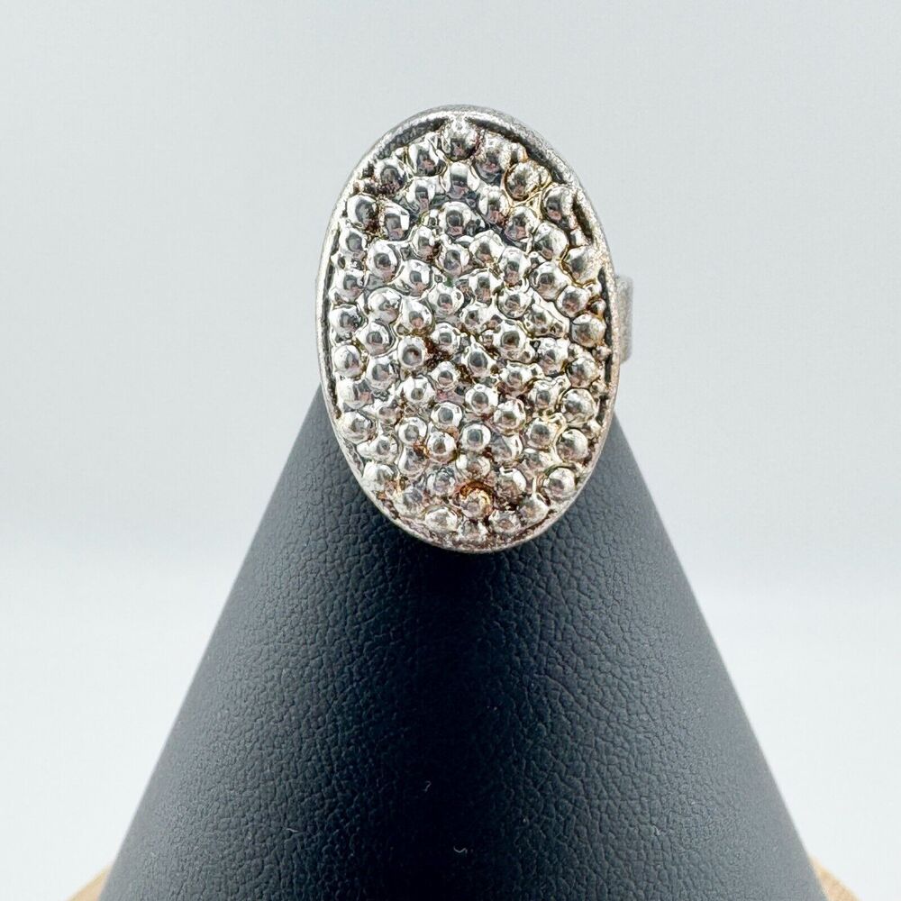 Vintage Caviar Oval Ring Silver Tone Adjustable Retro Brutalist